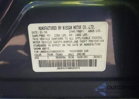 2008 Infiniti G35X from USA, damaged, VIN JNKBV61F68M265573